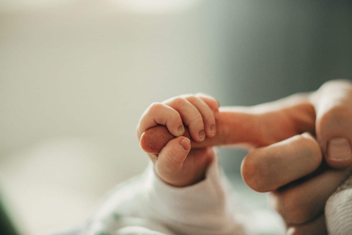 NIPT by Life Genomics Nordsjælland Praksisjordemoder Spædbarns hånd holder voksens finger